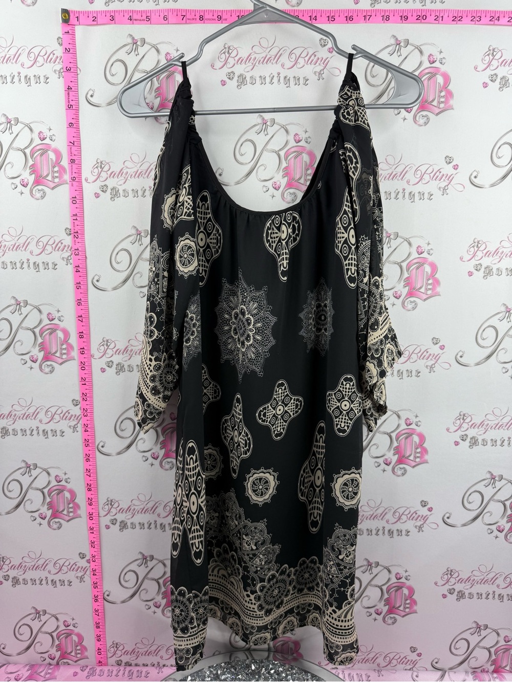 MM Couture dress Black Cold-Shoulder Tunic with Cream Medallion Print